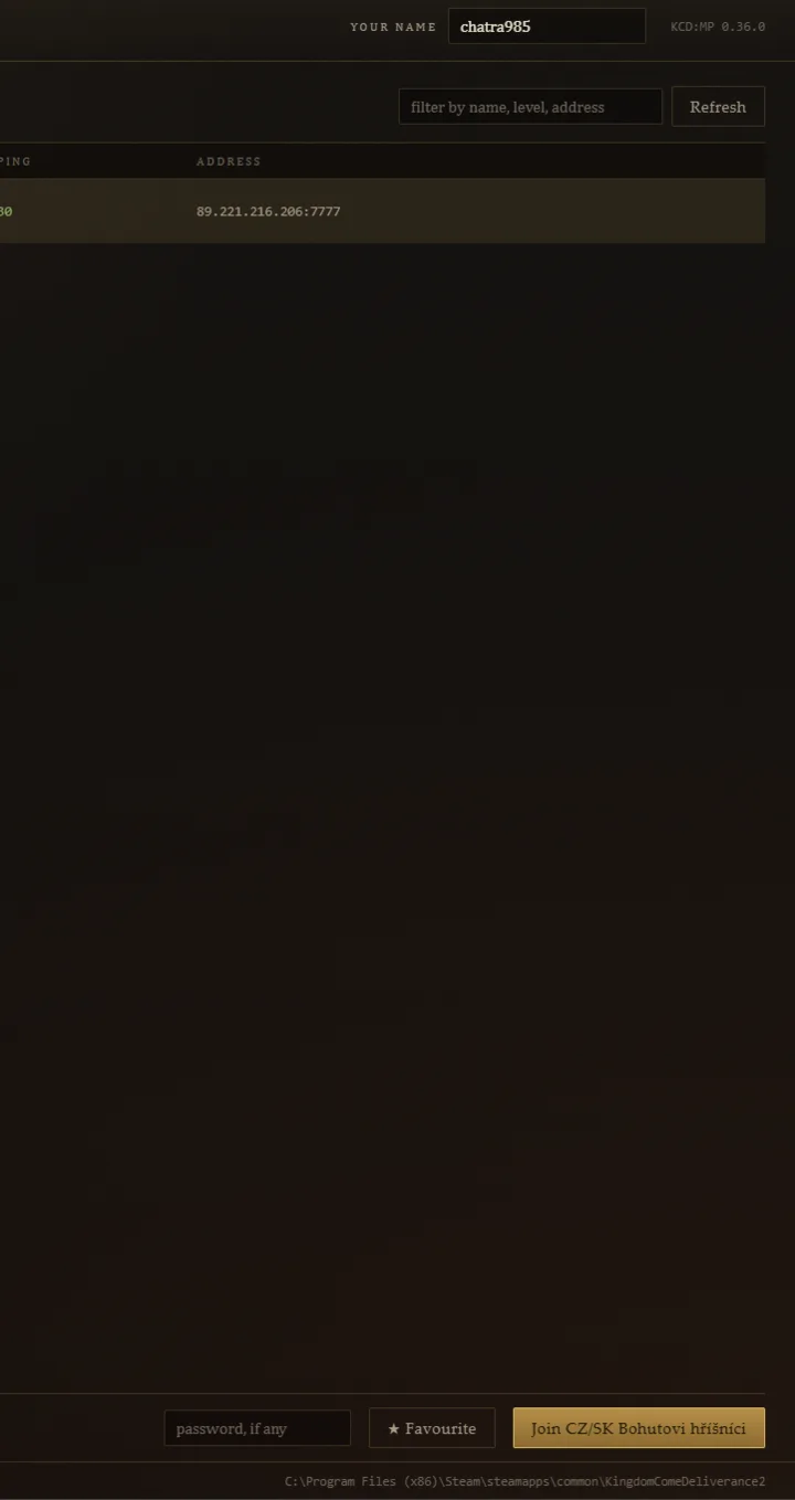 KCD:MP Launcher – pole pro jméno, seznam serverů a heslo
